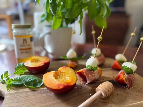 Peach, Prosciutto, Mozzarella and Honey Skewers - The Honey Jar