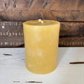 Yellow candle on a wooden surface