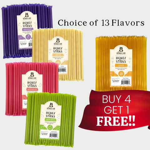 Five packages of honey sticks in different flavors with a promotional banner on a white background.