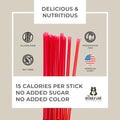 Red honey sticks with health benefits and branding information on a beige background