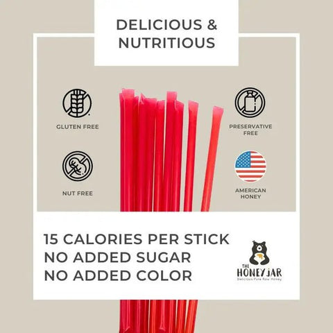 Red honey sticks with health benefits and branding information on a beige background