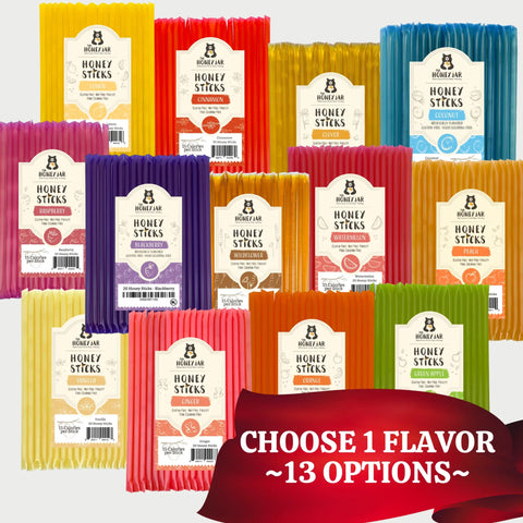 Assorted packages of Honey Sticks with colorful packaging and visible brand name.