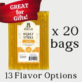 Packaging of Honey Jar Honey Sticks with a label and text about gift options and flavor variety.
