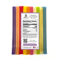 Pack of colorful honey sticks with a nutrition facts label on a white background