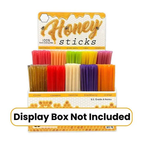 Pack of honey sticks with colorful packaging on a white background
