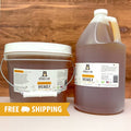 Honey jar products including a bucket and gallon jug on a wooden background with 'Free Shipping' text.