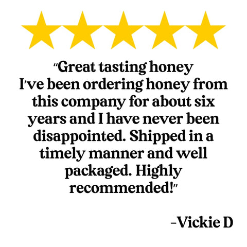 Five-star review for The Honey Jar with text and yellow stars on a white background.