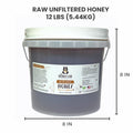 Bucket of raw unfiltered honey with dimensions on a white background