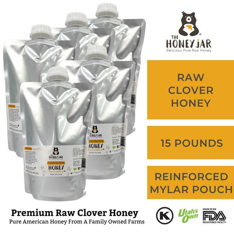 Packages of raw clover honey from The Honey Jar with product details on a white background.