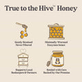 Advertisement for 'True to the Hive' honey with illustrations and text on a beige background.
