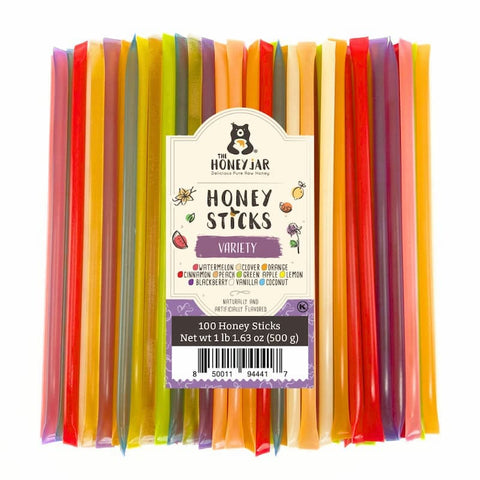 Pack of colorful honey sticks with a 'The Honey Jar' label on a white background