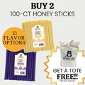 Honey sticks with a tote bag offer on a white background