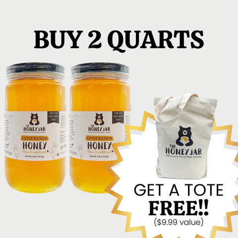 Two jars of honey with a tote bag and promotional text on a white background