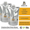 Honey Mylar pouches with 'The Honey Jar' branding and product details on a white background.