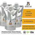 Packages of The Honey Jar raw clover honey with product details on a white background