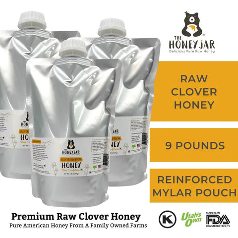 Packages of The Honey Jar raw clover honey with product details on a white background