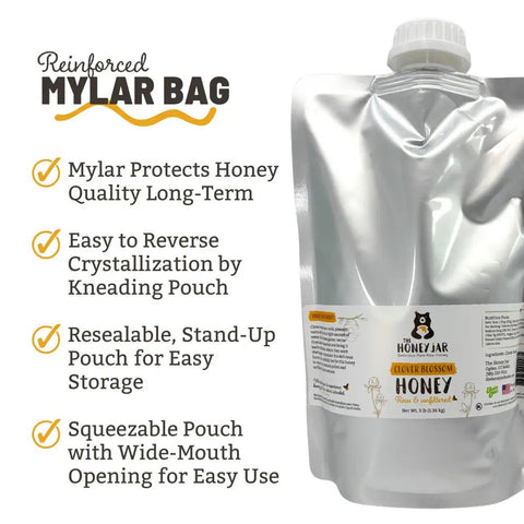 Honey pouch with Mylar bag technology features and benefits on a white background