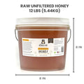 Bucket of raw unfiltered honey with label and dimensions on a white background