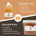 Comparison between a gallon jug and a gallon pail of honey with features listed.