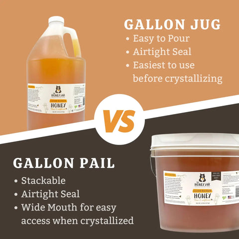 Comparison between a gallon jug and a gallon pail of honey with features listed.