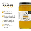 Jar of honey with a label and text about reusable glass jars.