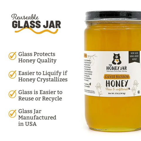 Jar of honey with a label and text about reusable glass jars.