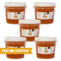 Five buckets of honey with labels on a white background, featuring free shipping text.