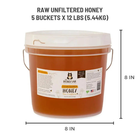 Bucket of raw unfiltered honey with dimensions and brand label on a white background