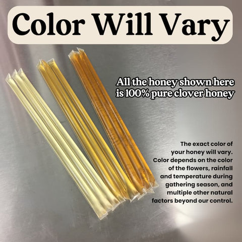 Three sets of honey sticks with text indicating they are 100% pure clover honey and color variation.