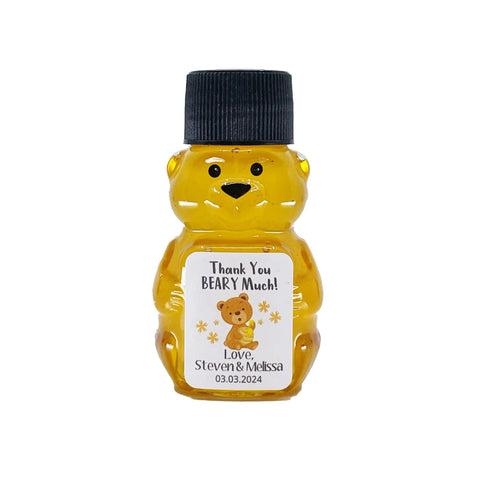 Bear-shaped honey bottle with a personalized label on a white background