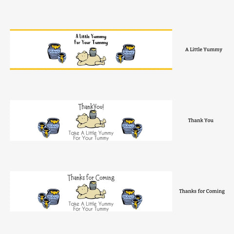 Set of three Winnie the Pooh labels with 'A Little Yummy' text and graphics on a white background.