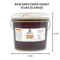 Bucket of raw unfiltered honey with dimensions and Honey Jar label on a white background