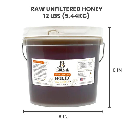 Bucket of raw unfiltered honey with dimensions and Honey Jar label on a white background