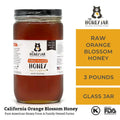 Jar of raw orange blossom honey with The Honey Jar branding on a white background