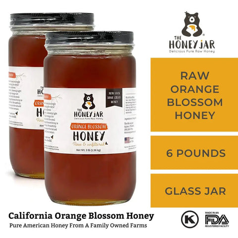 Two jars of honey with labels and 'The Honey Jar' branding on a white background.