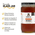 Jar of honey with a label on a white background, featuring text about reusable glass jars.