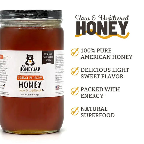 Jar of honey with a label highlighting its features on a white background