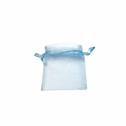 Blue transparent organza bag on a white background