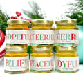 Jars of honey with Christmas-themed labels on a festive background