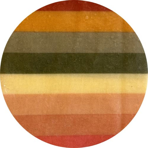 Round fabric sample with multicolored horizontal stripes on a white background