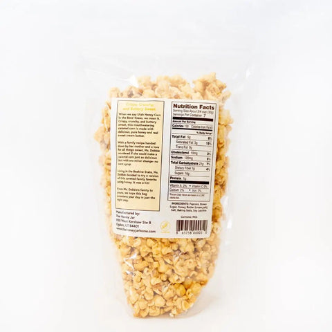 Bag of popcorn with a nutrition facts label on a white background