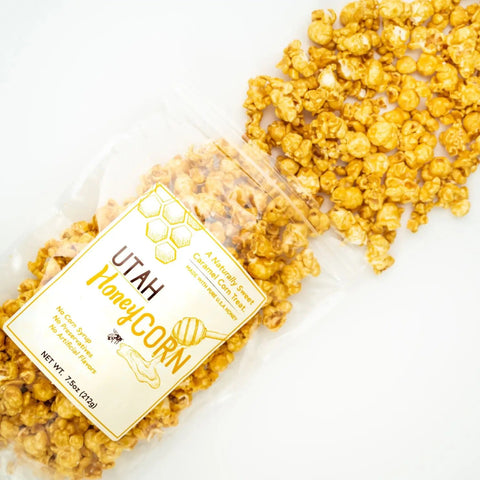 Packaged Utah Honey Corn popcorn with a label on a white background