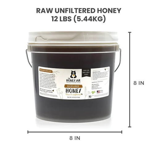 Honey jar with label and dimensions on a white background