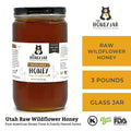 Jar of Utah Raw Wildflower Honey with product details on a white background