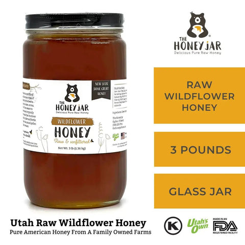 Jar of Utah Raw Wildflower Honey with product details on a white background