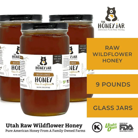 Jars of honey with labels and promotional text for The Honey Jar brand.