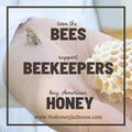 Hand holding honeycomb with a bee, text 'save the bees support beekeepers buy American honey' and website URL.