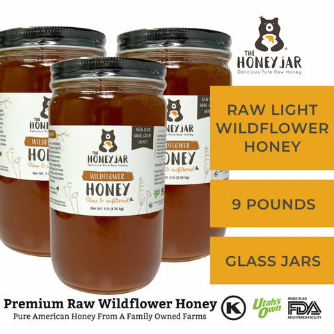 Jars of honey with 'The Honey Jar' branding on a white background