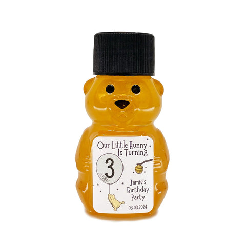 Honey bear container with a personalized label on a white background