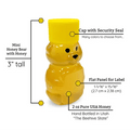 Yellow honey bear bottle with measurements and details on a white background
